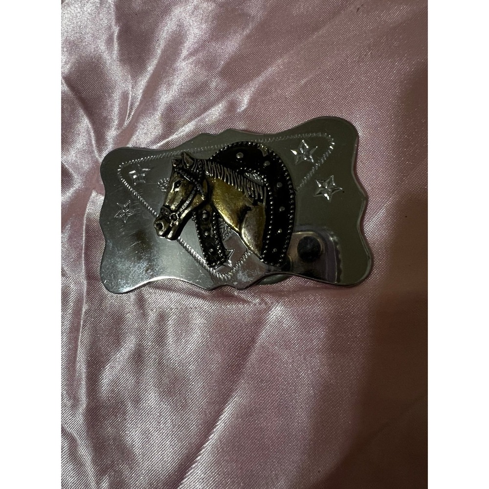 Horse Lucky Horseshoe Belt Buckle Western American Gold and Silver Tone vintage